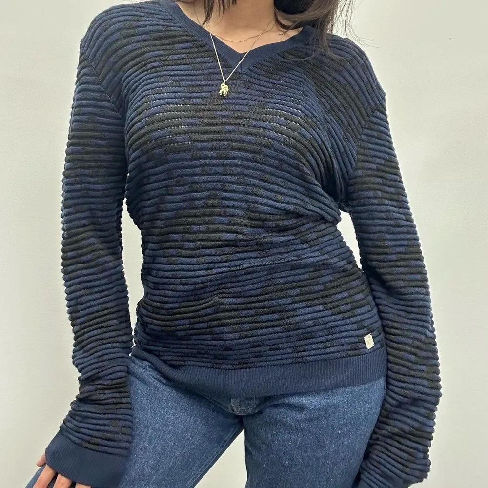 Versace Collection Blue & Black Wool Blend Mesh Knit V-neck Sweater Size M - Picture 6 of 14